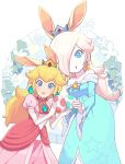  2girls animal_ears bare_shoulders blonde_hair blue_dress blue_eyes blush breasts closed_mouth collarbone commentary_request crown dress earrings easter egg elbow_gloves gem gloves hair_over_one_eye hands_up happy highres holding jewelry jpeg_artifacts long_hair long_sleeves looking_at_viewer super_mario_bros. multiple_girls off_shoulder omochi_(glassheart_0u0) open_mouth princess_peach puffy_short_sleeves puffy_sleeves rabbit_ears rosalina shiny shiny_hair short_sleeves small_breasts smile standing star star_print super_mario_galaxy white_gloves 