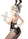  1girl altera_(fate) alternate_hairstyle animal_ears ass bunny_girl bunny_tail cup detached_collar drinking_glass fake_animal_ears fake_tail fate_(series) fishnets hand_on_hip highres looking_at_viewer looking_back red_eyes simple_background solo sunga2usagi tail tray white_background white_hair wine_glass 