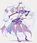  1girl adapted_costume blue_eyes coattails detached_sleeves dress elbow_gloves gloves high_heels highres iesupa long_hair ponytail rapier rwby scar scar_across_eye side_ponytail solo sword thigh-highs tiara weapon weiss_schnee white_hair 