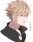  1boy bangs blonde_hair blue_eyes character_name cloud_strife commentary final_fantasy final_fantasy_vii final_fantasy_vii_advent_children from_side hair_between_eyes high_collar looking_to_the_side male_focus parted_lips ryon_(ryonhei) short_hair spiky_hair square_enix translated 