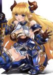  1girl armored_boots blonde_hair blue_eyes boots breasts cleavage draph gluteal_fold granblue_fantasy horns lance large_breasts maou_(maoudaisukiya) open_mouth planted_weapon pointy_ears polearm rastina squatting thighs weapon white_background 