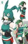  1girl artist_name ass bare_shoulders black_legwear blood bloody_clothes bodysuit boku_no_hero_academia breasts commentary drawrepulser energy english_commentary face_mask freckles from_side genderswap genderswap_(mtf) gloves green_bodysuit green_eyes green_hair green_hood highres hood large_breasts looking_at_viewer mask midoriya_izuku multiple_views short_hair shorts simple_background twitter_username two-tone_background v-shaped_eyebrows white_gloves 