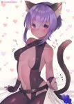  1girl animal_ears bed_sheet belt black_leotard blush breasts cat_ears cat_tail center_opening fake_animal_ears fate/grand_order fate/prototype fate/prototype:_fragments_of_blue_and_silver fate_(series) fingerless_gloves gloves hair_between_eyes hairband hassan_of_serenity_(fate) heart heart-shaped_pupils leggings leotard looking_at_viewer medium_breasts on_bed purple_hair solo suzuho_hotaru symbol-shaped_pupils tail translated twitter_username violet_eyes 
