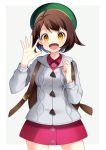  1girl :d brown_hair collared_shirt cowboy_shot dress_shirt female_protagonist_(pokemon_swsh) green_headwear grey_cardigan highres hooded_cardigan long_sleeves looking_at_viewer miniskirt open_mouth outstretched_hand pencil_skirt pokemon pokemon_(game) pokemon_swsh red_shirt red_skirt shirt short_hair skirt smile solo standing waving white_background wing_collar yellow_eyes yuihiko 