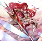  1girl armor bangs bare_shoulders blue_eyes boots breasts closed_mouth commentary_request gauntlets godguard_brodia granblue_fantasy hair_between_eyes hair_ornament highres hinahino holding holding_sword holding_weapon long_hair looking_at_viewer redhead skirt solo standing sword thigh-highs very_long_hair weapon 