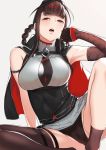  1girl ahoge asymmetrical_legwear bangs bare_shoulders beige_background black_gloves blunt_bangs blush breasts brown_hair brown_legwear brown_panties bushidokuroi capelet cleavage dsr-50_(girls_frontline) eingle_elbow_glove eyebrows_visible_through_hair garrison_cap girls_frontline gloves grey_skirt half_gloves hat highres large_breasts long_hair looking_at_viewer necktie open_mouth panties pouch red_eyes shirt sidelocks simple_background single_sock single_thighhigh sitting skirt sleeveless sleeveless_shirt socks solo strap thigh-highs thigh_strap thighs underwear very_long_hair 