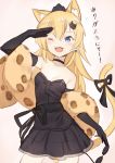  1girl absurdres animal_ears animal_print bare_shoulders black_dress black_ribbon blonde_hair blue_eyes blush cat_ears cat_tail collar commentary_request cowboy_shot dress earrings elbow_gloves fang girls_frontline gloves gradient gradient_background hair_ornament highres idw_(girls_frontline) jewelry leopard_print medium_hair one_eye_closed open_mouth ribbon salute smile solo sunglasses tail translated yellowpaint. 