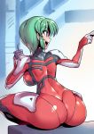  1girl :d ass bodysuit breasts commentary_request drinking_straw from_behind green_hair kidou_senkan_nadesico large_breasts open_mouth pilot_suit pointing short_hair sitting skin_tight smile solo subaru_ryoko tsuki_wani violet_eyes 