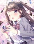  1girl ;o black_skirt blazer blurry blurry_background blush bow breasts brown_hair camera cherry_blossoms collared_shirt commentary_request day depth_of_field dress_shirt flower grey_jacket holding holding_camera jacket long_hair looking_at_viewer masuishi_kinoto medium_breasts one_eye_closed open_blazer open_clothes open_jacket open_mouth original outdoors pink_bow pink_flower plaid plaid_bow school_uniform shirt skirt solo sweat tree two_side_up upper_body very_long_hair white_shirt 