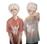  2boys arm_behind_back blood bloody_nose blue_eyes blue_shirt bruise bruise_on_face bruised_eye child closed_mouth dante_(devil_may_cry) devil_may_cry devil_may_cry_5 eyebrows_visible_through_hair frown haban_(haban35) hair_slicked_back highres injury multiple_boys red_shirt scratches shirt simple_background standing vergil white_background white_hair wiping wiping_face 