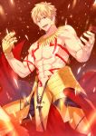 1boy :d absurdres blonde_hair brown_background chest_tattoo cowboy_shot earrings fate/grand_order fate/stay_night fate_(series) gilgamesh gloves gold_armor gold_earrings gold_necklace highres jewelry looking_at_viewer male_focus mazjojo muscle navel neck necklace open_mouth red_eyes red_waist_cape shirtless single_glove smile solo tattoo waist_cape