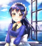  1girl bangs blue_hair blush closed_mouth commentary_request eyebrows_visible_through_hair hair_between_eyes indoors long_hair long_sleeves looking_at_viewer love_live! love_live!_school_idol_festival love_live!_school_idol_project maid_headdress ocean ponyagii smile solo sonoda_umi standing upper_body window yellow_eyes 