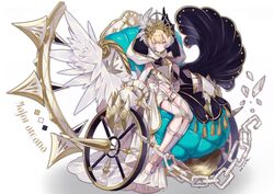  1girl absurdres angel_wings asymmetrical_clothes asymmetrical_wings blonde_hair bound_ankles breastplate broken broken_chain chain chains claws expressionless eyes_visible_through_hair full_body gauntlets hair_ornament highres hood hood_down laurel_crown looking_at_viewer macchoko original personification ribbon shakles short_hair solo toeless_legwear wheelchair white_background wings yellow_eyes 