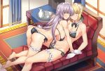  2girls all_fours alternate_breast_size alternate_costume artoria_pendragon_(all) ass bangs bikini black_bikini black_ribbon blonde_hair braid breasts carpet collar commentary_request couch curtains eyebrows_visible_through_hair fate/grand_order fate_(series) french_braid frilled_collar frills from_above full_body groin hair_between_eyes hair_bun hanging_breasts highres jeanne_d&#039;arc_(alter)_(fate) jeanne_d&#039;arc_(fate)_(all) large_breasts long_hair looking_at_viewer lying maid_headdress midriff multiple_girls neck_ribbon on_back ribbon saber_alter shirokuma_a sidelocks silver_hair sketch skindentation smile stomach swimsuit thighs tray under_boob very_long_hair window yellow_eyes 