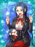  1girl :d black_jacket black_skirt blue_background blue_eyes blue_hair breasts character_doll collared_shirt dangan_ronpa doll_on_laps dress_shirt glasses happy_birthday holding index_finger_raised jacket large_breasts long_hair long_sleeves neck_ribbon new_dangan_ronpa_v3 open_clothes open_jacket open_mouth plaid pleated_skirt red_ribbon ribbon rimless_eyewear shiny shiny_hair shirogane_tsumugi shirt skirt smile solo very_long_hair white_shirt wing_collar yumaru_(marumarumaru) 