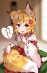  1girl :d animal_ear_fluff animal_ears apron bangs blonde_hair blurry blurry_background blush brown_apron brown_eyes depth_of_field eyebrows_visible_through_hair fang finger_to_mouth fingernails flower fox_ears fox_girl fox_tail hair_between_eyes hair_flower hair_ornament hakama heart highres holding holding_tail index_finger_raised japanese_clothes kimono long_sleeves looking_at_viewer miko no_shoes open_mouth red_hakama ribbon-trimmed_sleeves ribbon_trim seiza senko_(sewayaki_kitsune_no_senko-san) sewayaki_kitsune_no_senko-san sitting smile socks soles solo spoken_heart tabi tail translated usagihime white_kimono white_legwear wide_sleeves yellow_eyes 