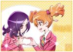  2girls :d blazer border brown_hair commentary eye_contact eyebrows_visible_through_hair fresh_precure! hair_between_eyes hair_ornament heart heart_hands heart_hands_duo higashi_setsuna jacket kamikita_futago lens_flare long_hair long_sleeves looking_at_another momozono_love multiple_girls necktie open_mouth pink_eyes polka_dot polka_dot_background precure public_yotsuba_middle_school_uniform purple_hair red_eyes school_uniform signature smile translated twintails upper_body white_border 