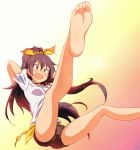  1girl :d antenna_hair bare_legs barefoot black_hair blush bow commentary_request fang feet foot_out_of_frame ganaha_hibiki gradient gradient_background green_eyes hair_between_eyes hair_bow high_ponytail idolmaster idolmaster_(classic) legs_up long_hair no.gomesu open_mouth ponytail pov_feet shorts smile soles solo toes translation_request yellow_bow 