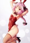  1boy alternate_costume animal_ears armpits arms_behind_head astolfo_(fate) bare_shoulders blush bow bowtie braid bulge bunny_tail bunnysuit chest commentary_request covered_navel fang fate/apocrypha fate/grand_order fate_(series) fishnet_legwear fishnets hair_bow high_heels highres long_hair looking_at_viewer male_focus one_eye_closed otoko_no_ko pink_hair rabbit_ears red_eyes red_legwear shimashima_salmon single_braid smile solo tail thigh-highs 