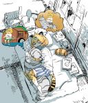  1girl animal_ears bed blonde_hair dreaming from_above hug jaguar_(kemono_friends) jaguar_ears jaguar_print jaguar_tail kemono_friends lying on_bed on_side partially_colored riding savanna_striped_giant_slug_(kemono_friends) shirt short_hair shorts sketch sleeping survival_yaiba t-shirt tail thought_bubble white_shirt 