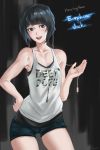  1girl absurdres bangs black_background black_hair blush boku_no_hero_academia breasts collarbone hand_on_hip highres jirou_kyouka ragecndy short_hair shorts simple_background small_breasts smile solo tank_top thighs white_tank_top 