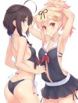  2girls adapted_uniform ahoge armpits arms_up artist_name ass back bangs belly_peek black_ribbon blonde_hair blue_eyes blue_swimsuit braid braided_ponytail breasts brown_hair collarbone commentary_request cowboy_shot dan_(kumadan) frilled_swimsuit frills hair_bun hair_ornament hair_over_shoulder hair_ribbon hairclip holding holding_hair holding_swimsuit kantai_collection long_hair looking_at_viewer medium_breasts midriff_peek multiple_girls open_mouth red_eyes red_ribbon ribbon shigure_(kantai_collection) side_ponytail sideboob sidelocks simple_background skirt swimsuit swimsuit_pull white_background white_string yuudachi_(kantai_collection) 
