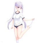  1girl absurdres bangs blue_buruma buruma collarbone eyebrows_visible_through_hair floating_hair flower gym_uniform hair_flower hair_ornament head_tilt highres kneehighs kneehighs_pull leg_up long_hair new_game! sainohikari shirt short_sleeves silver_hair simple_background solo standing standing_on_one_leg suzukaze_aoba very_long_hair violet_eyes white_background white_legwear white_shirt 