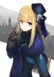  1girl bangs beret blonde_hair blue_eyes blunt_bangs brown_gloves cityscape closed_mouth commentary eyebrows_visible_through_hair fate/grand_order fate_(series) flower fur_trim gloves hand_up hat hat_flower highres jazztaki long_hair long_sleeves lord_el-melloi_ii_case_files reines_el-melloi_archisorte rose scarf smile solo tilted_headwear white_flower white_rose 