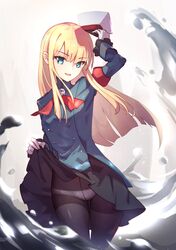  1girl armband black_legwear black_skirt blonde_hair faicha fate/grand_order fate_(series) flower frilled_sleeves frills gloves green_eyes gusset hat hat_removed headwear_removed highres long_hair lord_el-melloi_ii_case_files neck_ribbon panties panties_under_pantyhose pantyhose red_ribbon reines_el-melloi_archisorte ribbon rose sidelocks skirt solo thigh_gap thighs underwear white_background white_gloves 