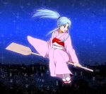  1girl blue_hair botan_(yuu_yuu_hakusho) city commentary flying japanese_clothes kimono long_hair oar object_riding ponytail smile solo star violet_eyes yuu_yuu_hakusho 