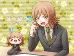  1boy :d androgynous brown_eyes brown_hair character_doll dangan_ronpa dangan_ronpa_3 green_background green_neckwear grey_jacket happy_birthday holding holding_pen jacket long_sleeves male_focus mitarai_ryouta mouse_(computer) necktie open_mouth pen short_hair sitting smile solo striped striped_background yumaru_(marumarumaru) 