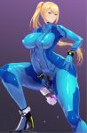 1girl blonde_hair blue_bodysuit blue_eyes blush bodysuit breasts commentary_request covered_navel covered_nipples domoshipette gun handgun highres holding holding_weapon impossible_bodysuit impossible_clothes large_breasts long_hair looking_at_viewer metroid pistol ponytail samus_aran shiny shiny_clothes shiny_hair skin_tight solo standing weapon zero_suit 