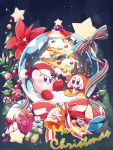  amedama_(akaki_4207) bell bow box candy candy_cane christmas christmas_tree english_text flower food hat highres kirby kirby&#039;s_dream_land kirby_(series) leaf merry_christmas no_humans red_flower ribbon santa_hat snow_globe star striped striped_bow striped_ribbon waddle_dee 