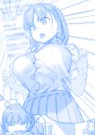  3girls ai-chan&#039;s_mother_(tawawa) ai-chan&#039;s_sister_(tawawa) ai-chan_(tawawa) bangs blue_theme braid breasts buttons collared_shirt commentary cup drinking_glass drinking_straw drooling getsuyoubi_no_tawawa himura_kiseki holding holding_pencil large_breasts monochrome multiple_girls open_mouth pencil shirt short_hair side_braid sleeping sweatdrop thought_bubble translated twitter 