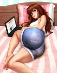  1girl 4chan absurdres ass ass_focus barefoot bed breasts brown_hair commentary computer denim denim_shorts dutch_angle english_commentary feet freckles green_eyes highres kairuhentai laptop large_breasts long_hair looking_at_viewer lying on_bed on_side original pillow plantar_flexion revision shorts smile soles solo tank_top thick_thighs thighs toes 