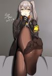  1girl 2019 absurdres black_jacket black_legwear blush brown_eyes commentary_request feet fingerless_gloves girls_frontline gloves grey_hair hair_between_eyes highres jacket long_sleeves looking_at_viewer looking_back no_shoes pantyhose scar scar_across_eye shadow shiny shiny_hair sidelocks toes ump45_(girls_frontline) user_aghg4784 