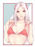  1girl :q artist_name bikini bikini_lift border breasts collarbone dulapda face headgear highres irelia league_of_legends lips long_hair medium_breasts nightblade_irelia red_bikini_top red_border red_eyes solo swimsuit tongue tongue_out untied untied_bikini upper_body white_hair 