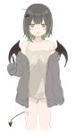  1girl :o arm_at_side black_wings blush_stickers brown_camisole brown_hair camisole demon_girl demon_tail demon_wings drawstring green_eyes green_hair grey_jacket hair_ornament hairclip highres holding hood hood_down hooded_jacket jacket long_sleeves mafuyu_(chibi21) multicolored_hair no_pants off_shoulder open_clothes open_jacket open_mouth original sleeves_past_fingers sleeves_past_wrists solo streaked_hair tail twitter_username two-tone_hair wing_hair_ornament wings x_hair_ornament 