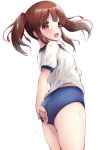  1girl absurdres ass bangs blue_buruma blush breasts brown_eyes brown_hair buruma commentary_request eyebrows_visible_through_hair flying_sweatdrops gym_shirt gym_uniform hair_ribbon highres idolmaster idolmaster_cinderella_girls kuroba_aki long_hair looking_at_viewer looking_back ogata_chieri puffy_short_sleeves puffy_sleeves red_ribbon ribbon shirt short_sleeves sidelocks simple_background small_breasts solo sweat twintails upper_teeth white_background white_shirt 