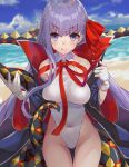  1girl :q absurdres bb_(fate)_(all) bb_(swimsuit_mooncancer)_(fate) beach black_coat bow clouds covered_navel cowboy_shot fate/grand_order fate_(series) furrowed_eyebrows gatling033 gloves hair_bow highres leotard long_hair looking_at_viewer popped_collar purple_hair red_bow sky smile solo standing tentacle thigh_gap tongue tongue_out violet_eyes water white_gloves white_leotard 