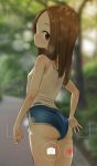  1girl absurdres adjusting_clothes adjusting_shorts ass bangs bare_arms bare_shoulders blue_shorts blurry blurry_background blush breasts brown_eyes brown_hair closed_mouth commentary_request depth_of_field forehead highres karakai_jouzu_no_takagi-san korean_commentary long_hair looking_at_viewer looking_back note2000 parted_bangs short_shorts shorts small_breasts solo sweat takagi-san tank_top viewfinder white_tank_top 