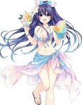  1girl bikini blue_bow blue_hair bow bracelet breasts cleavage collarbone date_a_live eyebrows_visible_through_hair floating_hair frilled_bikini frills gradient_hair hair_between_eyes hair_bow highres holding jewelry leg_up long_hair looking_at_viewer medium_breasts multicolored_hair navel necklace novel_illustration official_art purple_hair sarong shiny shiny_hair simple_background solo standing standing_on_one_leg swimsuit tsunako two-tone_hair very_long_hair violet_eyes white_background yatogami_tooka 