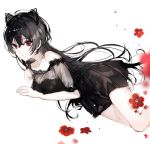  1girl ahoge animal_ears bangs bare_shoulders black_dress black_hair blurry breasts cleavage closed_mouth dress expressionless fake_animal_ears flower hair_between_eyes lace_trim long_hair looking_at_viewer medium_breasts naru_(ul) original red_eyes red_flower see-through simple_background solo thighs very_long_hair white_background 