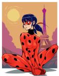  1girl blue_hair bodysuit border breasts catsuit commentary covered_navel domino_mask eiffel_tower english_commentary full_body grey_eyes hair_ribbon indian_style izra ladybug_(character) low_twintails marinette_dupain-cheng mask medium_hair miraculous_ladybug paris polka_dot red_bodysuit ribbon sitting small_breasts solo superhero twintails white_border 