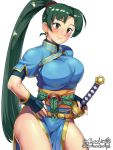  1girl blue_gloves blush boris_(noborhys) breasts dress earrings fingerless_gloves fire_emblem fire_emblem:_rekka_no_ken gloves green_eyes green_hair high_ponytail jewelry large_breasts long_hair lyndis_(fire_emblem) pelvic_curtain ponytail short_sleeves side_slit simple_background smile solo sword thighs twitter_username very_long_hair weapon white_background 