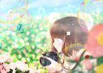  1girl absurdres blue_sky blurry blurry_background blurry_foreground blush brown_hair bug butterfly camera day field flower flower_field hair_ornament hairclip highres holding holding_camera insect ladybug original outdoors pink_nails profile sanasedayo short_hair sky upper_body 