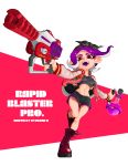  1girl :d artist_name bandanna black_shorts boots breasts crop_top cross-laced_footwear full_body groin highres holding jacket lace-up_boots leg_up long_sleeves looking_at_viewer medium_breasts medium_hair navel octarian octoling open_clothes open_jacket open_mouth otoboke-san purple_hair rapid_blaster_pro_(splatoon) red_eyes red_footwear shorts smile solo splatoon splatoon_(series) splatoon_2 standing standing_on_one_leg suction_cups tentacle_hair toxic_mist_(splatoon) unzipped zipper zipper_pull_tab 