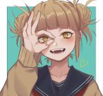  1girl blonde_hair boku_no_hero_academia cardigan double_bun fangs heart heridy ok_sign school_uniform serafuku solo toga_himiko yellow_eyes 