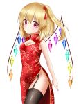  1girl alternate_costume arm_at_side arm_behind_back bare_arms black_legwear blonde_hair blush breasts cherry_blossoms china_dress chinese_clothes cleavage_cutout commentary_request contrapposto cowboy_shot dress embarrassed eyebrows_visible_through_hair flandre_scarlet floral_print frown garter_straps hair_between_eyes hair_ornament highres looking_at_viewer nyanyanoruru red_eyes short_hair side_ponytail simple_background small_breasts solo tareme thigh-highs touhou white_background wings 