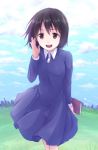  1girl arm_at_side bangs black_hair blue_dress book brown_eyes calling clouds cloudy_sky commentary dress grass hand_to_head holding holding_book looking_at_viewer nakahara_misaki nhk_ni_youkoso! open_mouth shikajima_shika sky skyline smile solo wind 